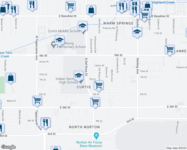 map of restaurants, bars, coffee shops, grocery stores, and more near 7757 Elmwood Road in San Bernardino
