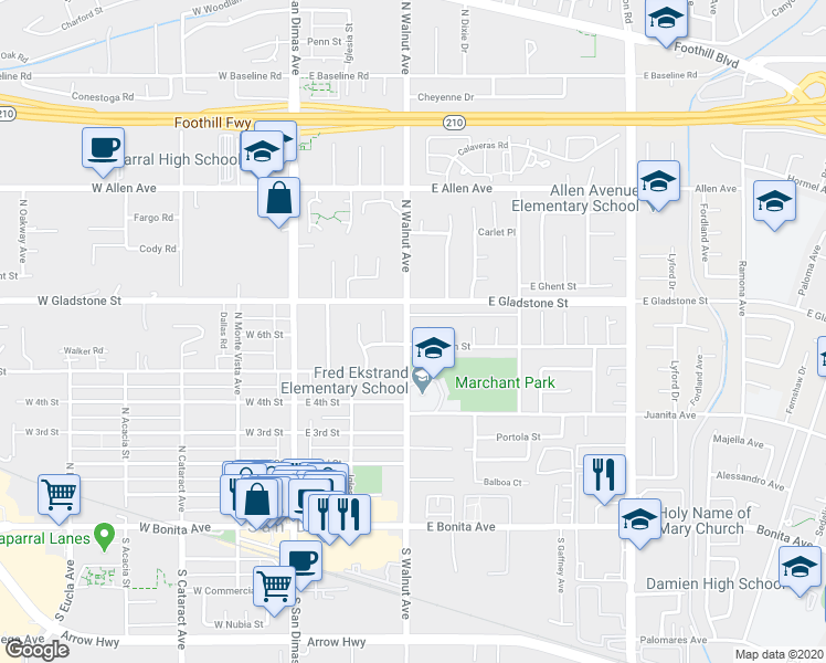 map of restaurants, bars, coffee shops, grocery stores, and more near 542 North Walnut Avenue in San Dimas