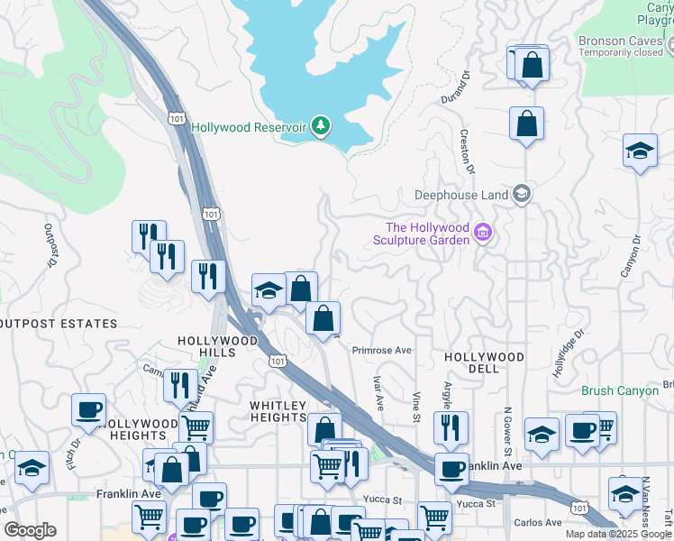 map of restaurants, bars, coffee shops, grocery stores, and more near 2294 Holly Drive in Los Angeles