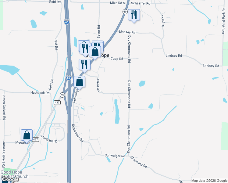 map of restaurants, bars, coffee shops, grocery stores, and more near 329 Allred Road in Good Hope