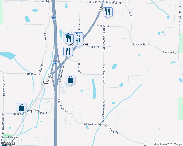 map of restaurants, bars, coffee shops, grocery stores, and more near 329 Allred Road in Good Hope