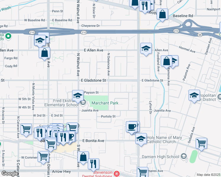 map of restaurants, bars, coffee shops, grocery stores, and more near 612 North Delancey Avenue in San Dimas