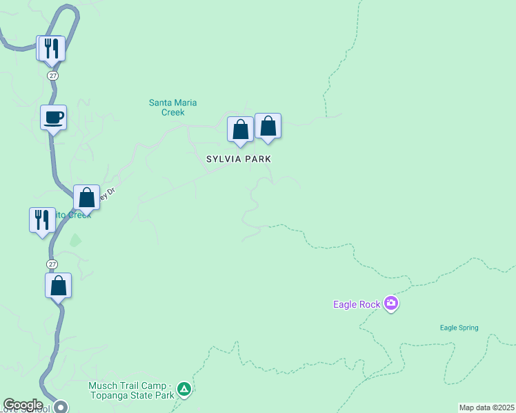 map of restaurants, bars, coffee shops, grocery stores, and more near Penny Road in Topanga