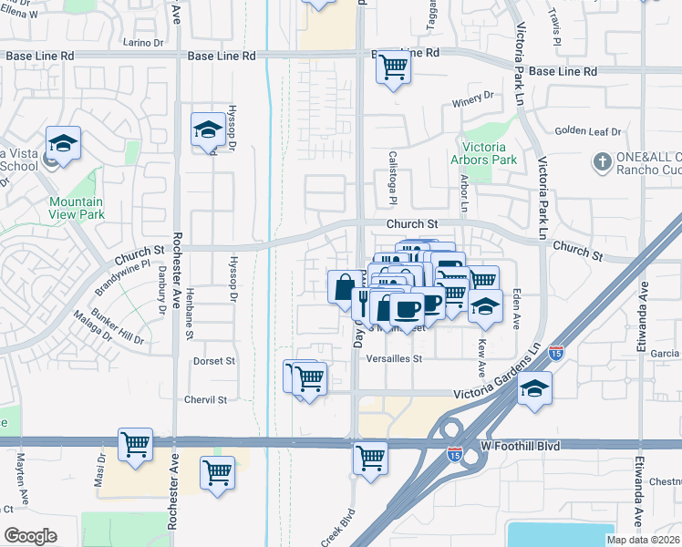 map of restaurants, bars, coffee shops, grocery stores, and more near 7725 Hess Place in Rancho Cucamonga