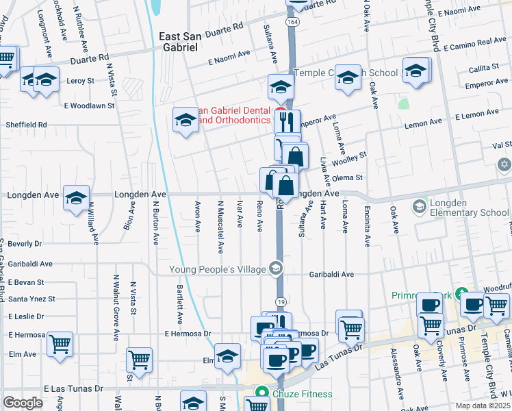 map of restaurants, bars, coffee shops, grocery stores, and more near 6259 Reno Avenue in Temple City
