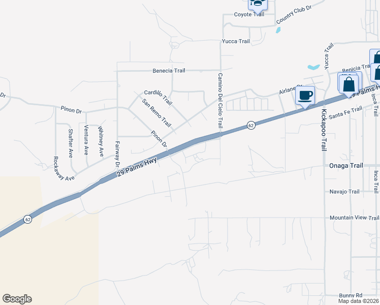 map of restaurants, bars, coffee shops, grocery stores, and more near 54777 29 Palms Highway in Yucca Valley