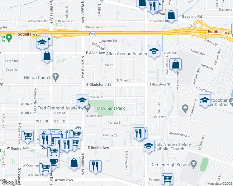 map of restaurants, bars, coffee shops, grocery stores, and more near 612 North Delancey Avenue in San Dimas