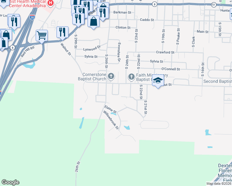 map of restaurants, bars, coffee shops, grocery stores, and more near 926 South 25th Street Circle in Arkadelphia