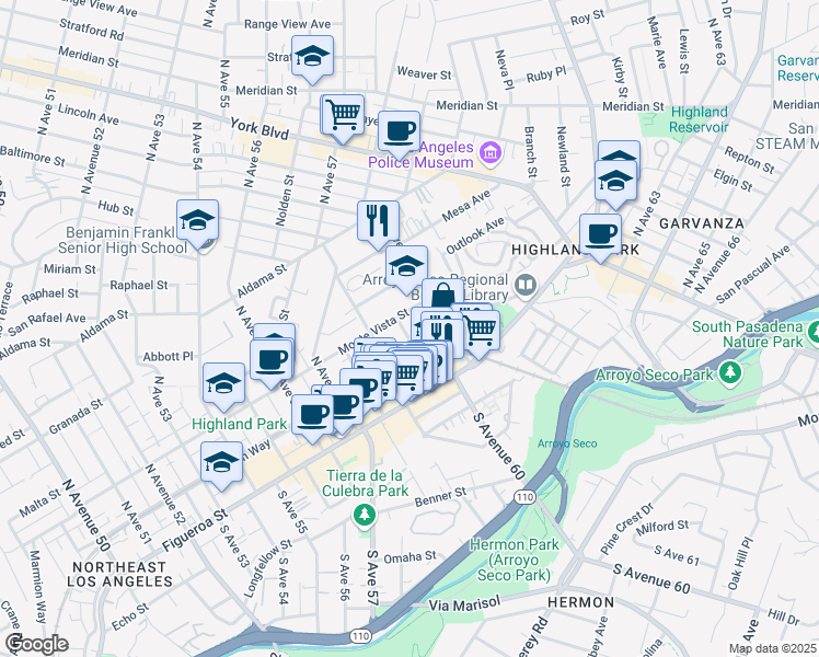 map of restaurants, bars, coffee shops, grocery stores, and more near 227 North Avenue 60 in Los Angeles