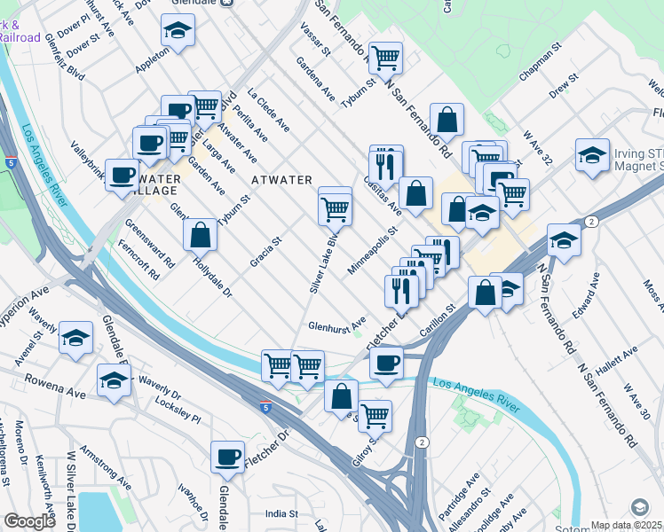 map of restaurants, bars, coffee shops, grocery stores, and more near 3221 Larga Avenue in Los Angeles