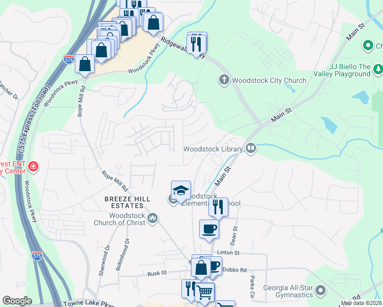 map of restaurants, bars, coffee shops, grocery stores, and more near 504 Quinn Drive in Woodstock