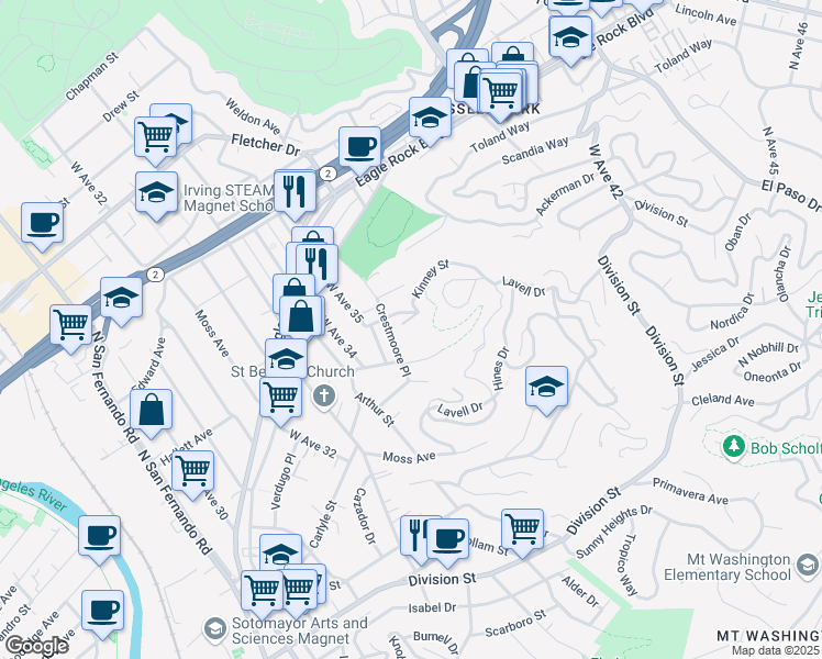 map of restaurants, bars, coffee shops, grocery stores, and more near 3562 North Paseo Drive in Los Angeles