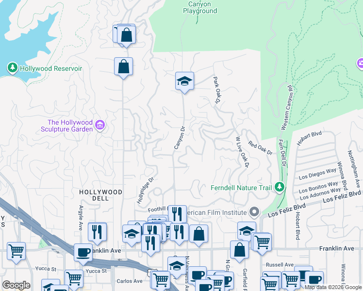 map of restaurants, bars, coffee shops, grocery stores, and more near 2318 Canyon Drive in Los Angeles
