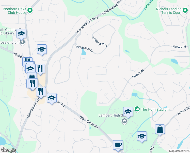 map of restaurants, bars, coffee shops, grocery stores, and more near 4325 Woodward Way in Cumming
