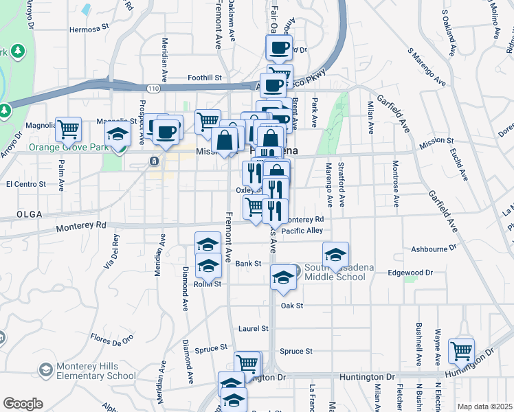 map of restaurants, bars, coffee shops, grocery stores, and more near 1125 Mound Avenue in South Pasadena