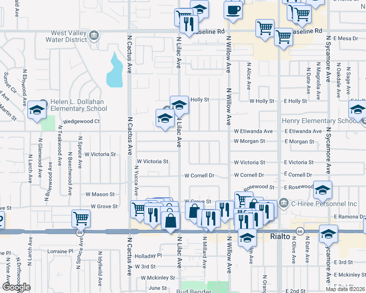 map of restaurants, bars, coffee shops, grocery stores, and more near 750 North Lilac Avenue in Rialto