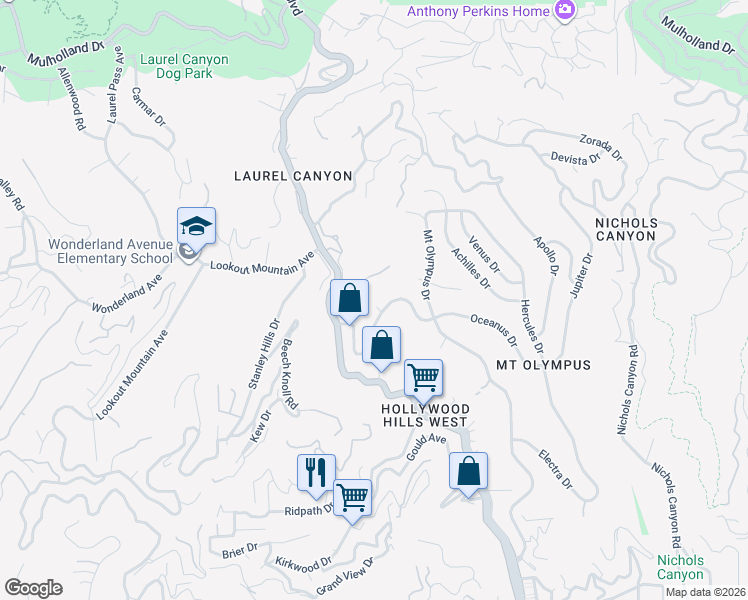 map of restaurants, bars, coffee shops, grocery stores, and more near 2316 Laurelmont Place in Los Angeles