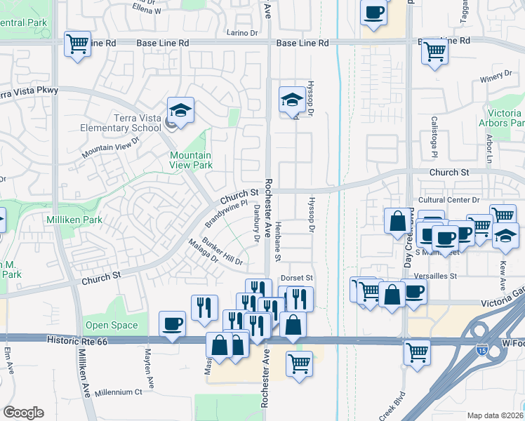 map of restaurants, bars, coffee shops, grocery stores, and more near 7757 Danbury Drive in Rancho Cucamonga