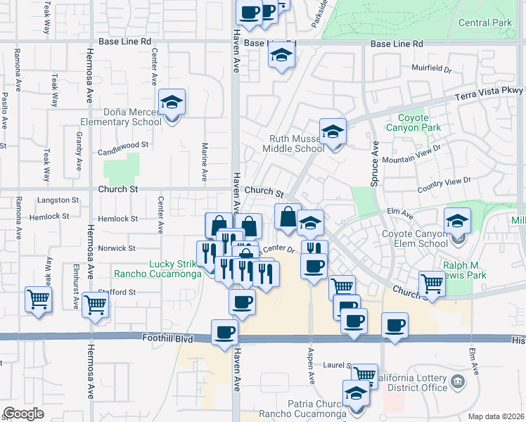 map of restaurants, bars, coffee shops, grocery stores, and more near 10550 Wilding Drive in Rancho Cucamonga