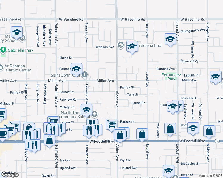 map of restaurants, bars, coffee shops, grocery stores, and more near 7757 Boxwood Avenue in Fontana
