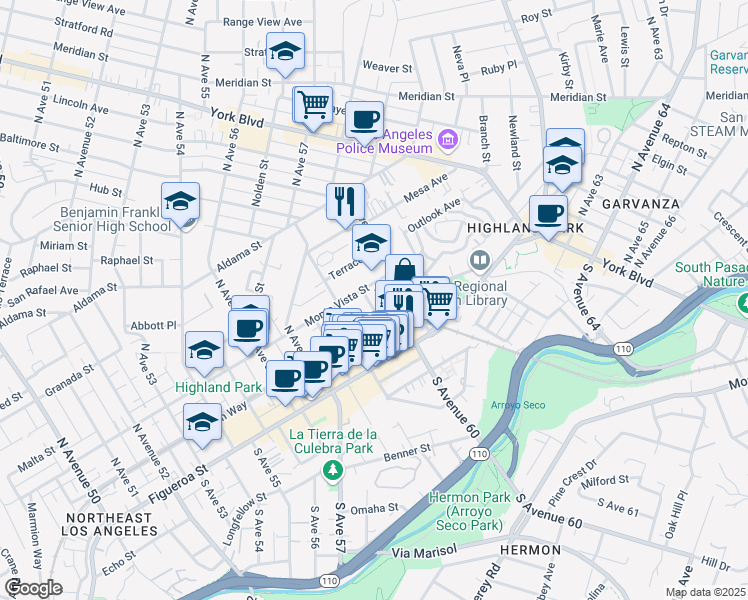 map of restaurants, bars, coffee shops, grocery stores, and more near 227 North Avenue 60 in Los Angeles