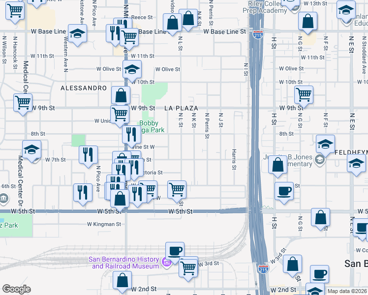 map of restaurants, bars, coffee shops, grocery stores, and more near 747 North L Street in San Bernardino