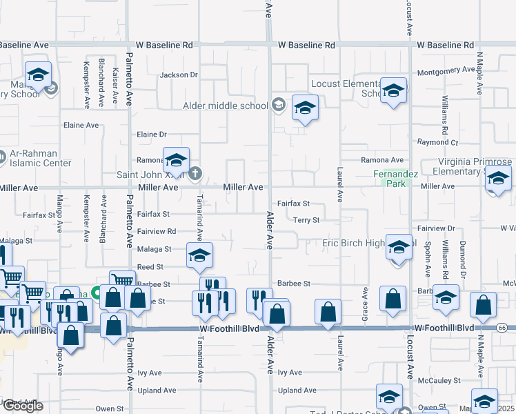 map of restaurants, bars, coffee shops, grocery stores, and more near 7757 Boxwood Avenue in Fontana
