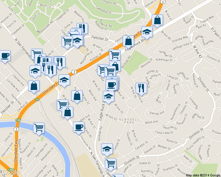 map of restaurants, bars, coffee shops, grocery stores, and more near 3353 Verdugo Rd in Los Angeles