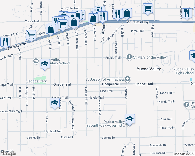 map of restaurants, bars, coffee shops, grocery stores, and more near 7653 Apache Trail in Yucca Valley