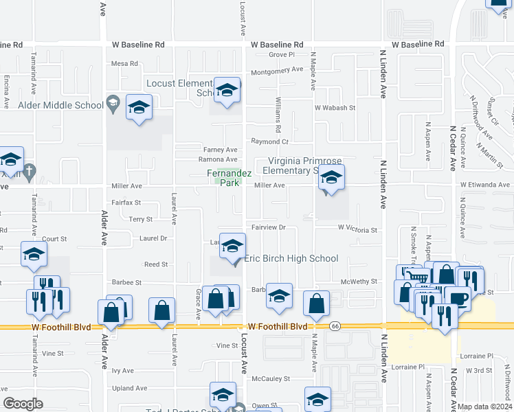map of restaurants, bars, coffee shops, grocery stores, and more near 7760 Aspen Avenue in Fontana