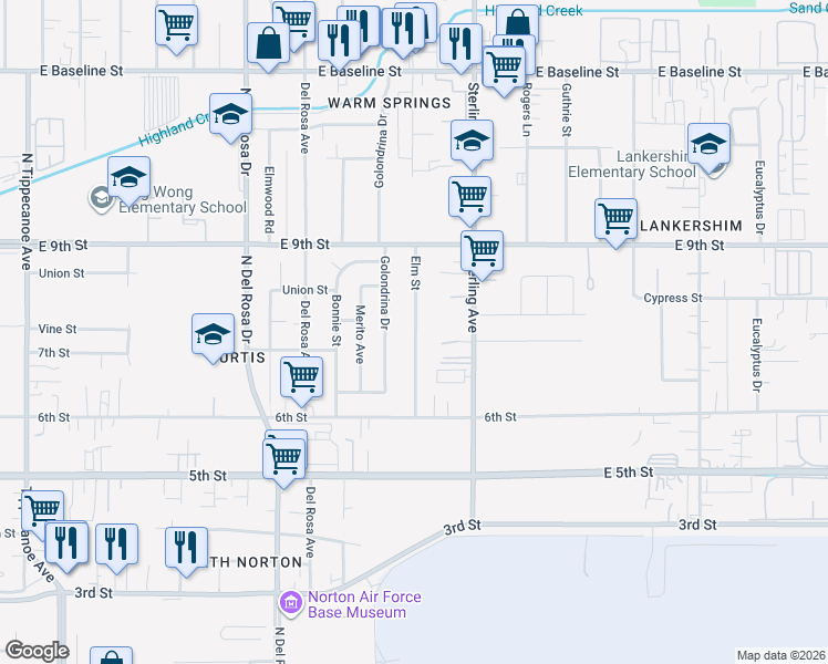 map of restaurants, bars, coffee shops, grocery stores, and more near 7748 Elm Street in San Bernardino