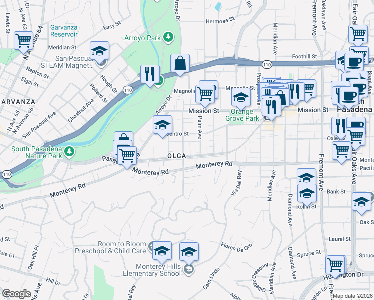 map of restaurants, bars, coffee shops, grocery stores, and more near 1026 Indiana Avenue in South Pasadena