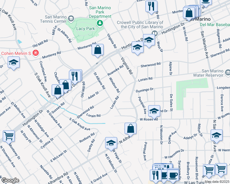 map of restaurants, bars, coffee shops, grocery stores, and more near 1915 Windsor Road in San Marino