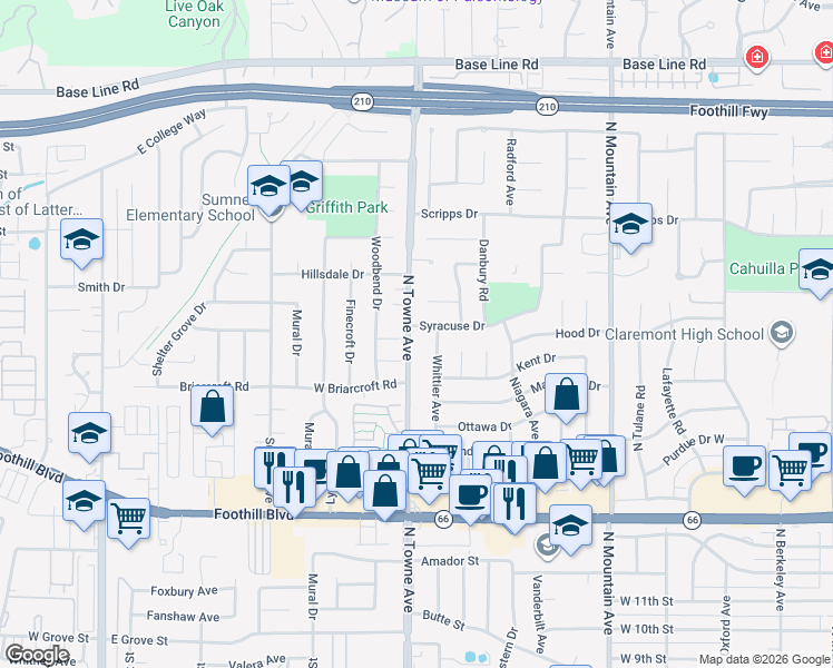 map of restaurants, bars, coffee shops, grocery stores, and more near 1098 Syracuse Drive in Claremont
