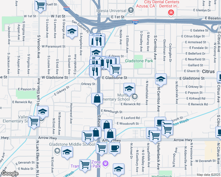 map of restaurants, bars, coffee shops, grocery stores, and more near 251 East Payson Street in Azusa