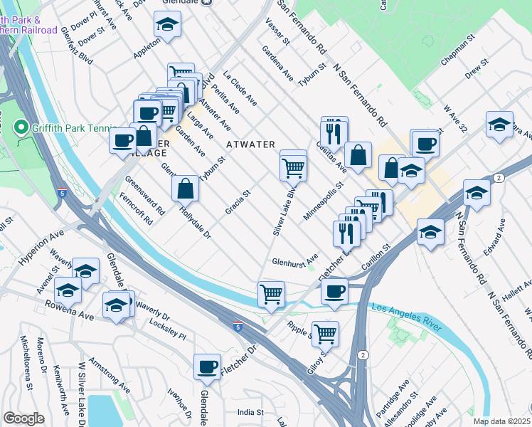 map of restaurants, bars, coffee shops, grocery stores, and more near 3235 Garden Avenue in Los Angeles