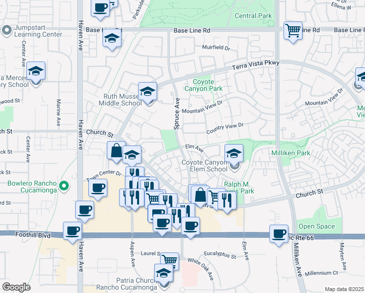 map of restaurants, bars, coffee shops, grocery stores, and more near 7761 Elm Avenue in Rancho Cucamonga