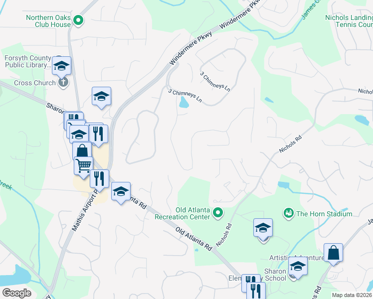 map of restaurants, bars, coffee shops, grocery stores, and more near 4055 Homestead Ridge Drive in Cumming