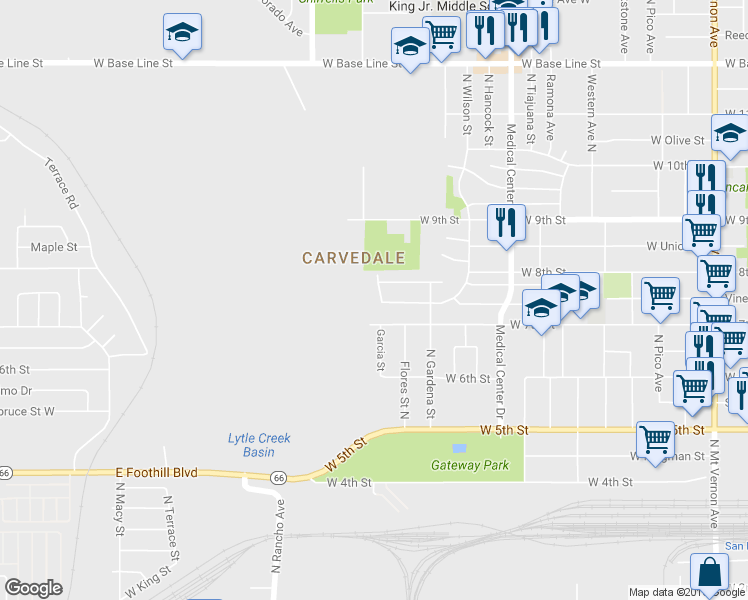 map of restaurants, bars, coffee shops, grocery stores, and more near 740 Garcia Street in San Bernardino