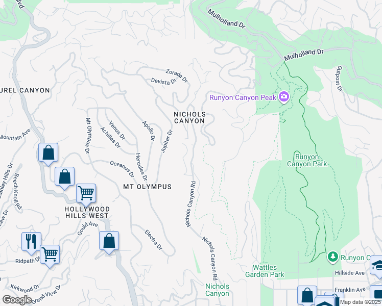 map of restaurants, bars, coffee shops, grocery stores, and more near 2301 Nichols Canyon Road in Los Angeles