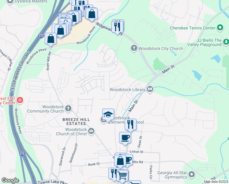 map of restaurants, bars, coffee shops, grocery stores, and more near 505 Quinn Drive in Woodstock