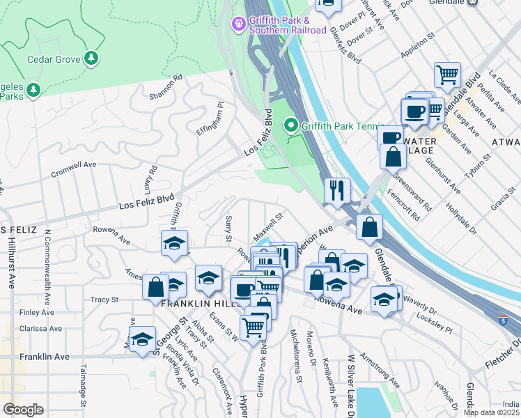 map of restaurants, bars, coffee shops, grocery stores, and more near 3234 Ettrick Street in Los Angeles