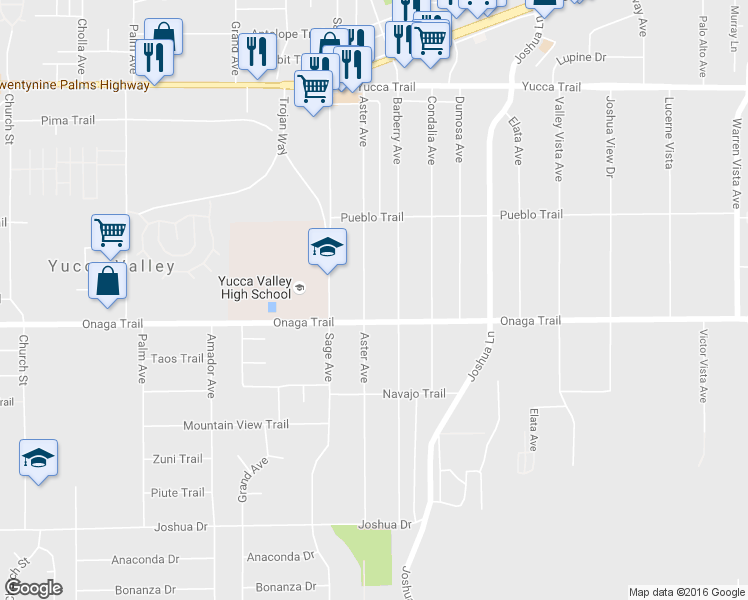 map of restaurants, bars, coffee shops, grocery stores, and more near 7657 Aster Avenue in Yucca Valley