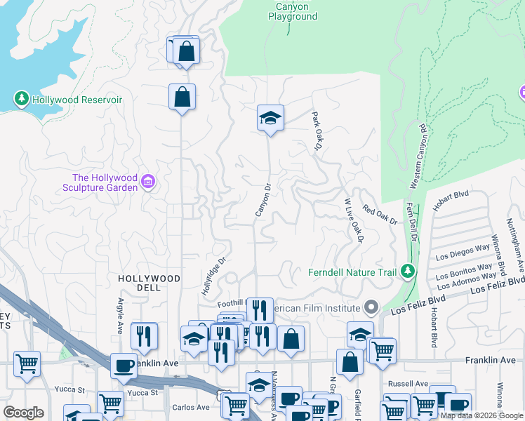 map of restaurants, bars, coffee shops, grocery stores, and more near 2318 Canyon Drive in Los Angeles