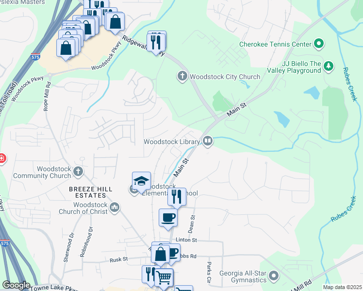 map of restaurants, bars, coffee shops, grocery stores, and more near 7776 Main Street in Woodstock