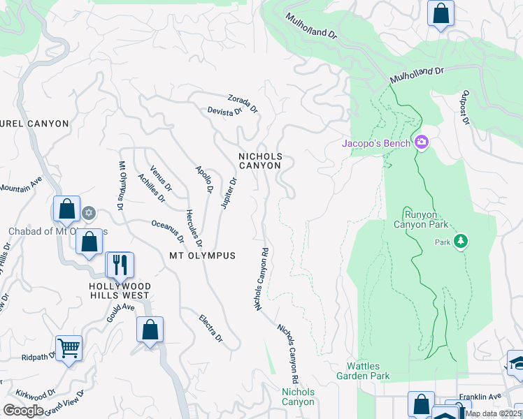 map of restaurants, bars, coffee shops, grocery stores, and more near 2301 Nichols Canyon Road in Los Angeles