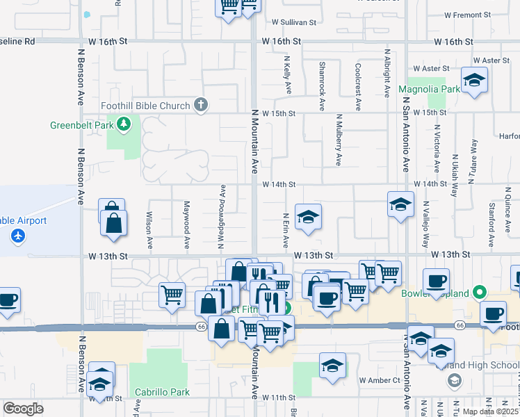 map of restaurants, bars, coffee shops, grocery stores, and more near 1193 West Molly Court in Upland