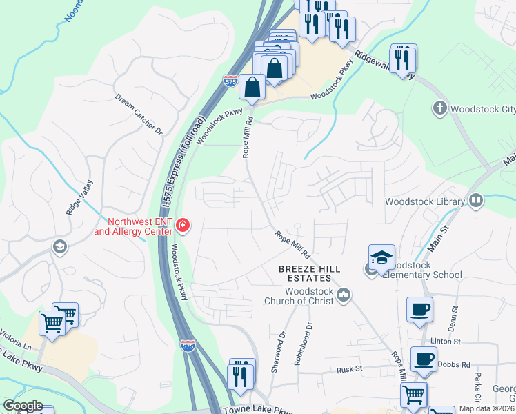 map of restaurants, bars, coffee shops, grocery stores, and more near 406 Falcon Court in Woodstock