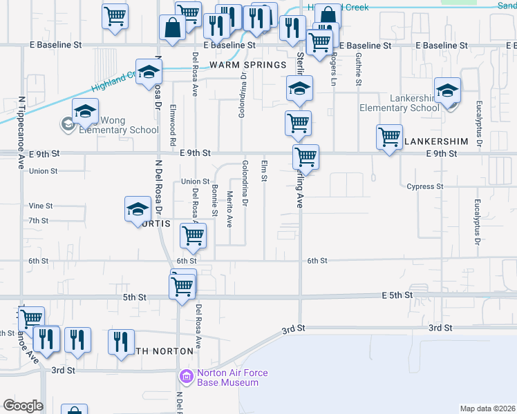 map of restaurants, bars, coffee shops, grocery stores, and more near 7748 Elm Street in San Bernardino