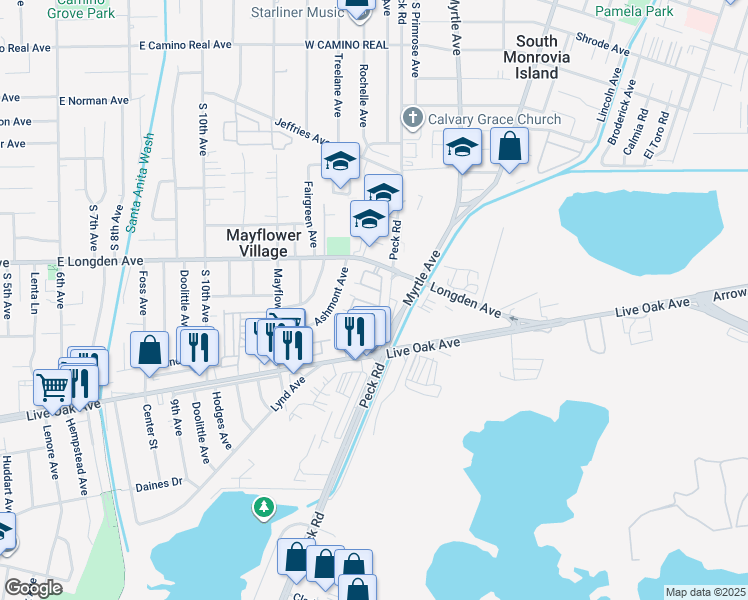 map of restaurants, bars, coffee shops, grocery stores, and more near 1308 Jacaranda Circle in Arcadia